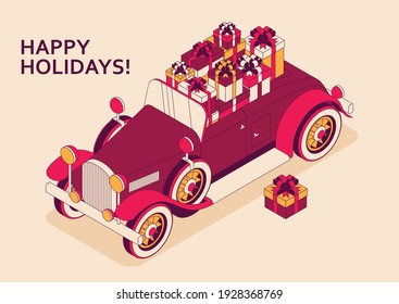 Retro car convertible with big bouquet of tulips. Vintage car from 30s in red color. Greeting card for women on a holiday. Vector illustration