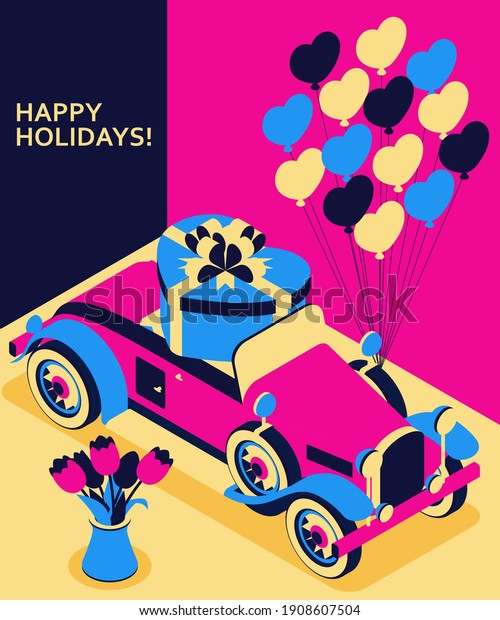 Retro car convertible with gift box heart shape and\
many balloons. Bouquet of tulips in vase. Vintage car from 30s in\
pink color