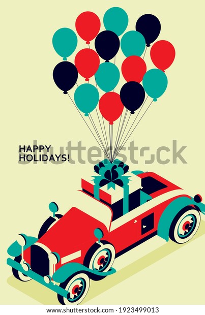 Retro car convertible with gift box and many
balloons. Vintage car from 30s in red color. Greeting card for a
holiday like birthday. Vector
illustration