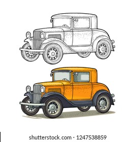 Retro car coupe. Side view. Vintage color engraving illustration for poster, web. Isolated on white background. Hand drawn design element