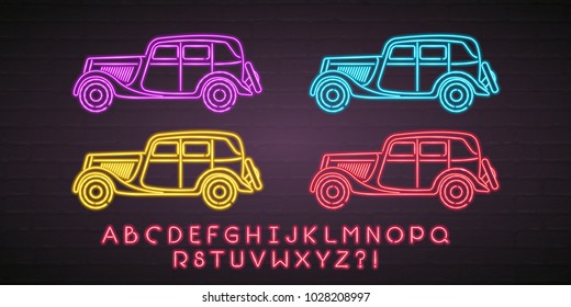 Retro Car Different Colour Set Neon Light Glowing Illustration and Alphabet Set Neon Light 