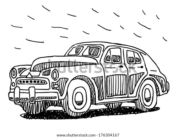 Retro car drawing on\
white background