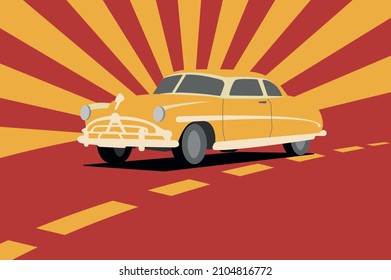El coche retro conduce por el camino bajo el sol que se retrocede