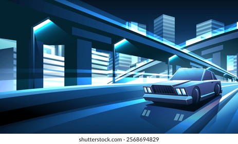 Retro car driving on highway at night in blue neon nightlife city.