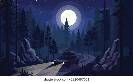 Retro car driving on a winding forest path at night under the bright light of a huge glowing full moon and stars.