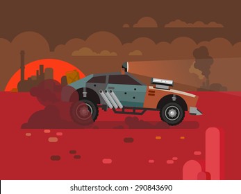 Retro Car Driving through desert on sunset landscape concept flat vector illustration.