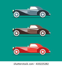 Retro car in a flat style, presents several options for the colors on a green background