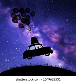 Retro Car Flies On Balloons At Night. Funny Vector Illustration With Silhouette Of Boy In Flying Car. Flight In Dream. Space Dark Background With Starry Sky And Milky Way