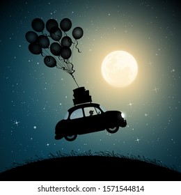 Retro Car Fly On Balloons On Moonlit Night. Funny Vector Illustration With Silhouette Of Boy In Flying Car. Flight In Dream. Full Moon In Starry Sky