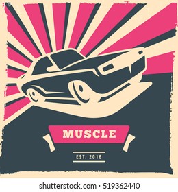 Retro car flyer or poster design with grunge frame and rays. Vector illustration