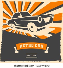 Retro car flyer or poster design with grunge frame and rays. Vector illustration