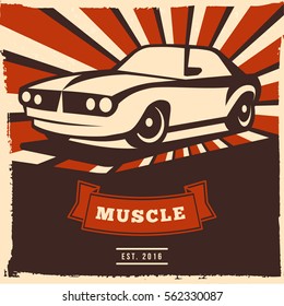 Retro car flyer or poster design with grunge frame and rays. Vector illustration