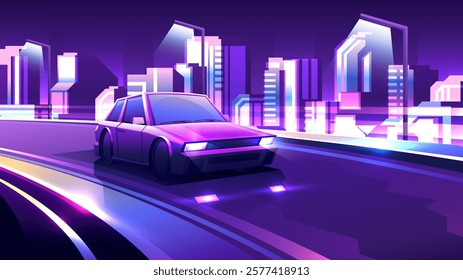 Retro car front view drives on highway at night through illuminated city.