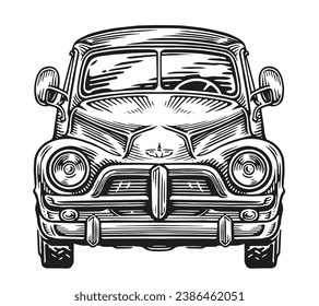 Retro car, front view. Vintage land transport. Hand drawn sketch vector illustration