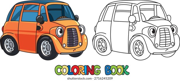 Retro car. Funny vector cute small vehicle with eyes and mouth. Coloring book. Children vector illustration