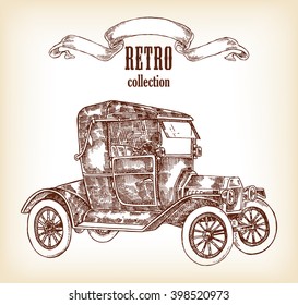 Retro car. Hand drawn vintage car. Vector illustration in sketch style