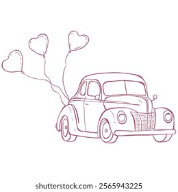 Retro Car with Heart Ballons. Line Art Illustration.