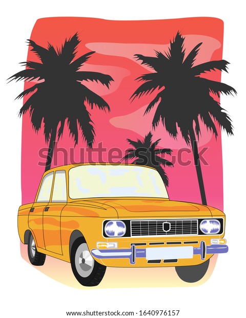 Retro car in a hot\
country on vacation. Vector summer illustration with palm trees and\
raspberry sky sunset in the background. Motivational poster, patch\
for t-shirt, souvenir.