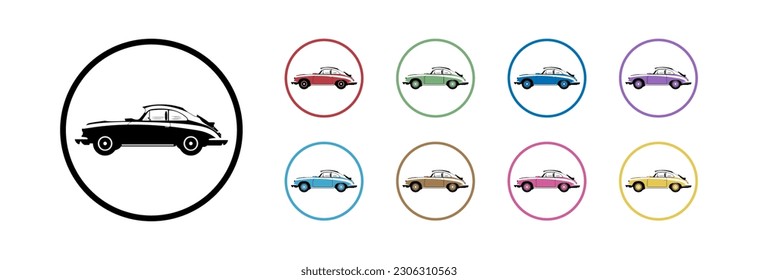 Retro car icon in different colors on a white background.