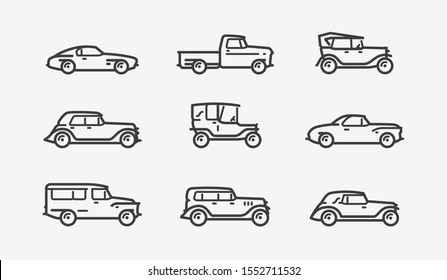 Retro Car Icon Set. Transport, Transportation Symbol In Linear Style. Vintage Vector