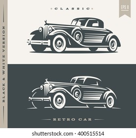 Retro car illustration on dark and light background.