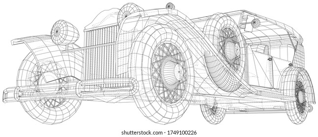 Retro car illustration vector. Vintage car Wire-frame line isolated. Vector rendering of 3d.