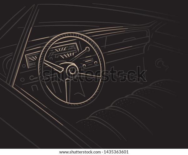 Retro\
car interior drawing on dark background. Vector.\
