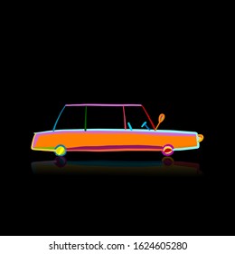 Retro car, isolated on black. Sketch for your design. Vector illustration