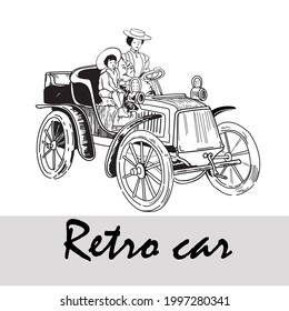 Un coche retro. Señora conduciendo un descapotable. Junto a ella hay un niño. Buen paseo. El comienzo del siglo XX.