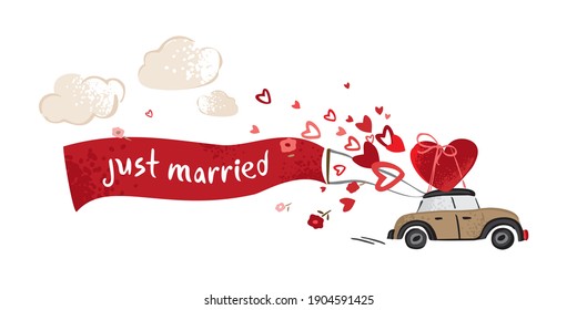 Retro car with a large heart on top, flying hearts, a ribbon with a just married lettering isolated on white. Postcard to the day of the wedding, engagement party in vintage style. Vector illustration