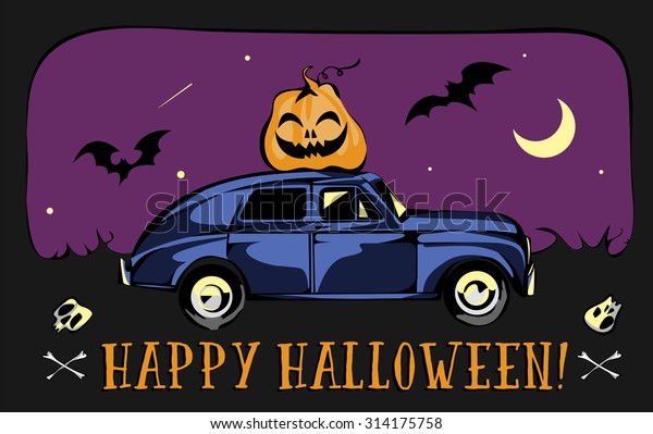 Retro Car Loaded For a Halloween. Moon and Bats\
Background. Vector EPS 10\
Card
