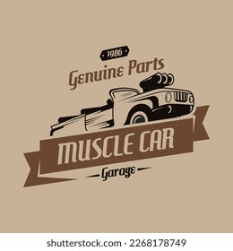 Diseño del logo del coche retro. Concepto de diseño del logotipo de vehículos antiguos. Logo de los autos musculares retro-americanos. Logo de la colección de vehículos de época