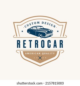 Retro car logo template. Vintage style vector illustration element for retro design label. Suitable for garage, shops, tires, car wash, car restoration, repair and racing. Hot rod classic car logo