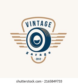 Retro car logo template. Vintage style vector illustration element for retro design label. Suitable for garage, shops, tires, car wash, car restoration, repair and racing. Hot rod classic car logo
