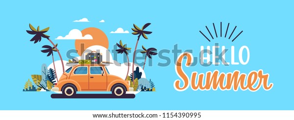 retro car with luggage on roof\
tropical sunset beach surfing vintage greeting card horizontal\
banner with lettering template poster flat vector\
illustration