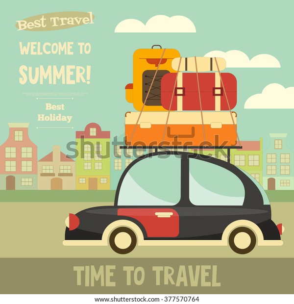 Retro Car with Luggage on Roof. Travel Car.\
Vector Illustration.