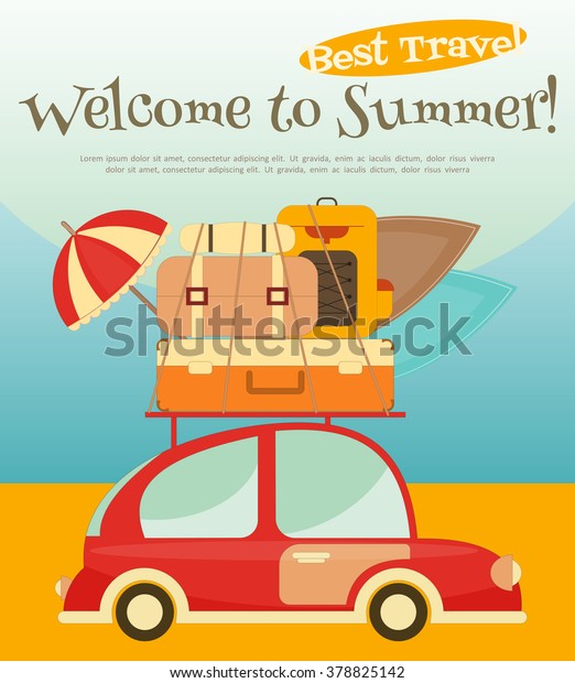 Retro Car with Luggage on Roof. Travel Car\
on the Beach. Vector\
Illustration.