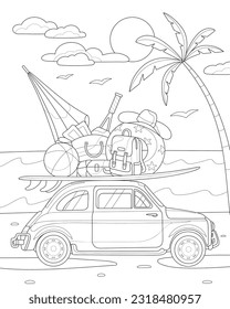 Retro car with luggage for seaside vacation. Coloring book for adults and children.