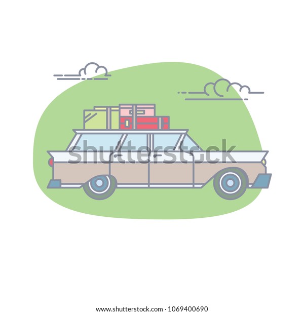 Retro Car With Many Luggage. Flat Travel\
Art. Line Style Vector\
Illustration.