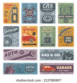 Carteles de metal retro de coche, garaje, combustible, carteles de autoservicio. Piloto vectorial de señales de estación de gasolina y servicio de reparación. Rustos platos viejos. Servicio de garaje de coches, reparación de póster automático viejo