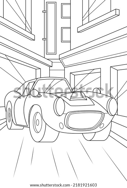 Retro car in the metropolis. Funny coloring\
book for boys. Vector\
illustration