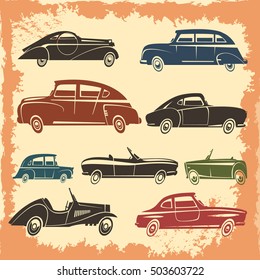 Retro car models collection with vintage style autos on aged background abstract vector illustration