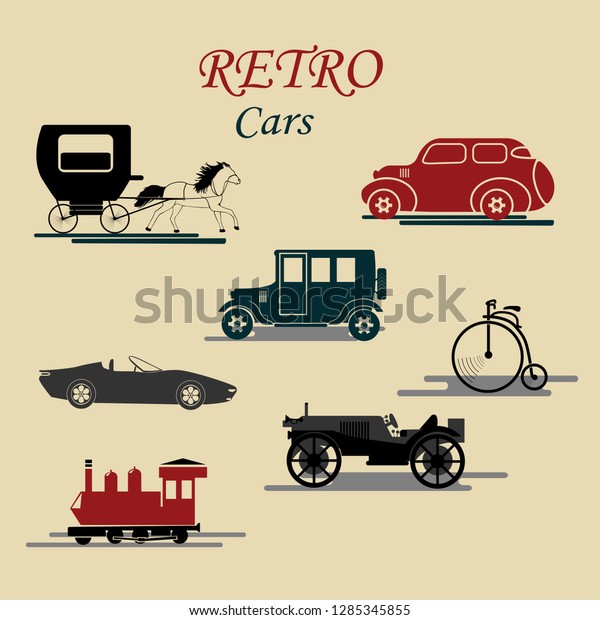 Retro car models collection\
with vintage style autos on aged background abstract vector\
illustration