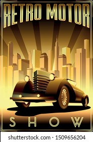 Retro Car Motor Show Vintage Poster. Handmade drawing vector illustration. Art Deco style.