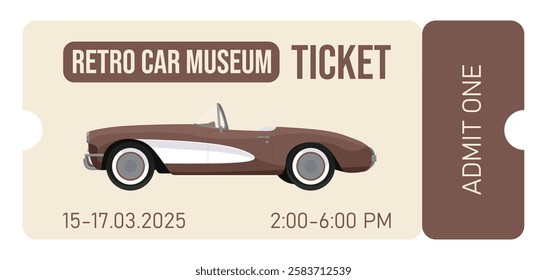 Retro car museum ticket. Сlassic auto show coupon with corvette car on beige background.