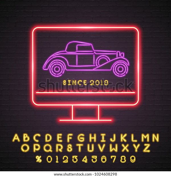 Retro Car Neon Light Glowing Sign.\
Computer Screen Symbol and Alphabet Neon Yellow Light\
Set