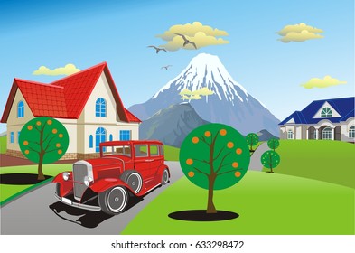 Retro car on a background of a mountain range. Countryside. The road to the cottage. Vector illustration