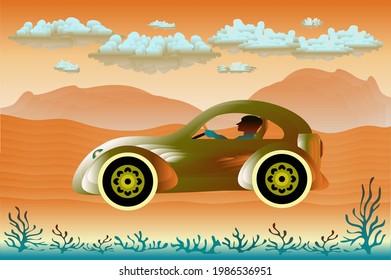 Retro car on the background of mountains and clouds. Light orange horizontal background. Use it for illustrations and design.
