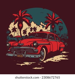retro car on the beach illustration, summer vacation design for t shirt