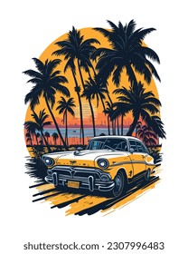 Retro Auto am Strand mit Palmtee Silhouette Vektorgrafik für Plakat, T-Shirt Design, Tattoo, Aufkleber Design Element. 